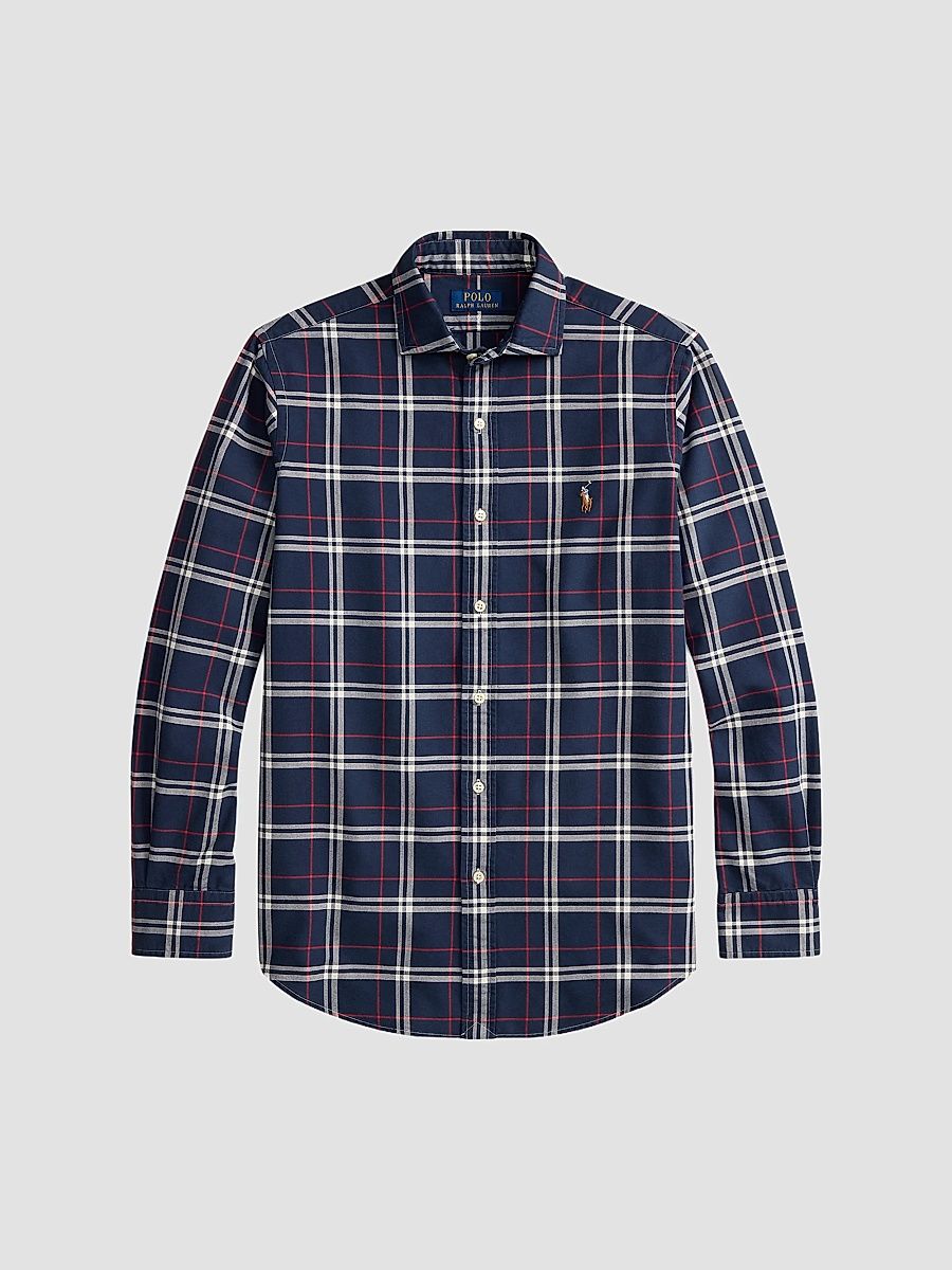 Men's Classic-Fit Plaid Oxford Shirt - Navy Red White - Size XXL