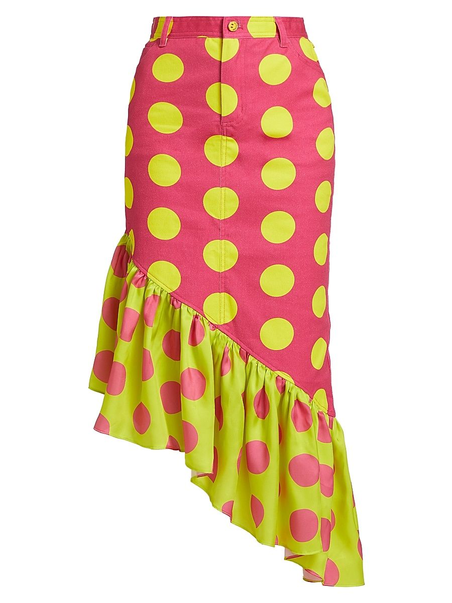 Women's Ruffled Polka Dot Midi-Skirt - Pink Yellow - Size 28