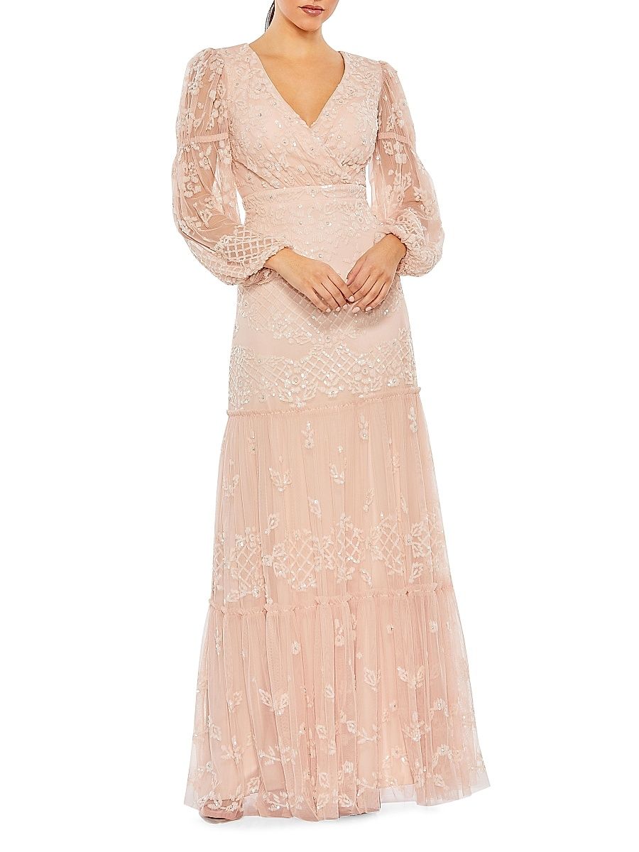 Women's Embellished Tulle Puff-Sleeve Gown - Blush - Size 24