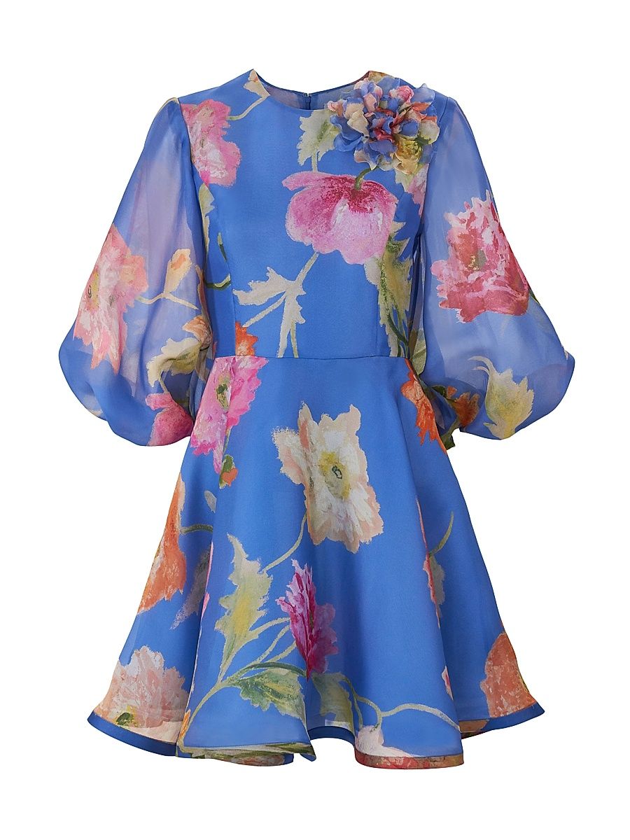 Women's Floral Silk Puff-Sleeve Minidress - Bluebell Multi - Size 6