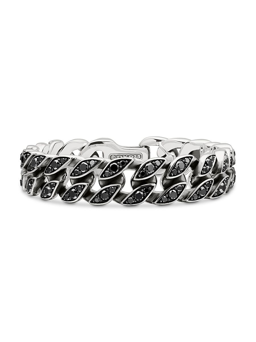 Men's Curb Chain Bracelet in Sterling Silver - Black Diamond - Size Medium