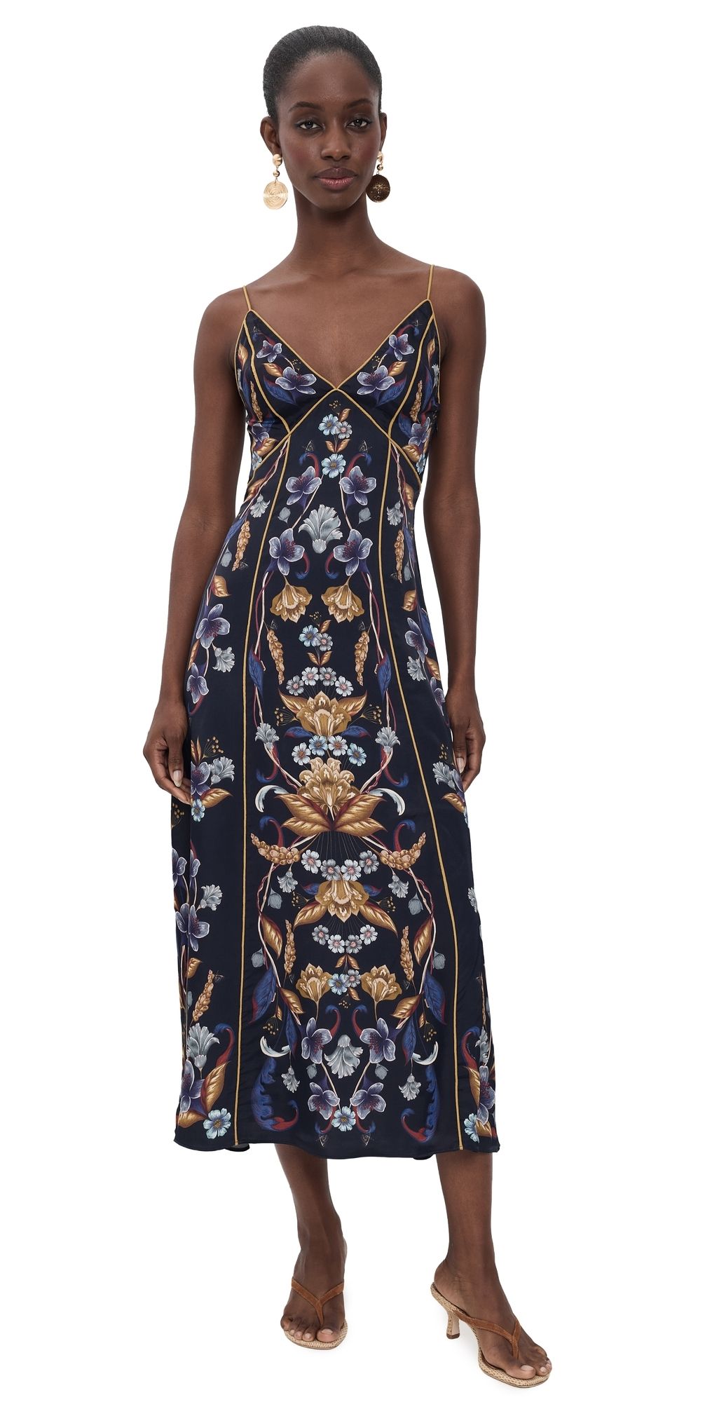 FARM Rio Golden Nature Maxi Slip Dress GOLDEN NATURE NAVY BLUE XXS