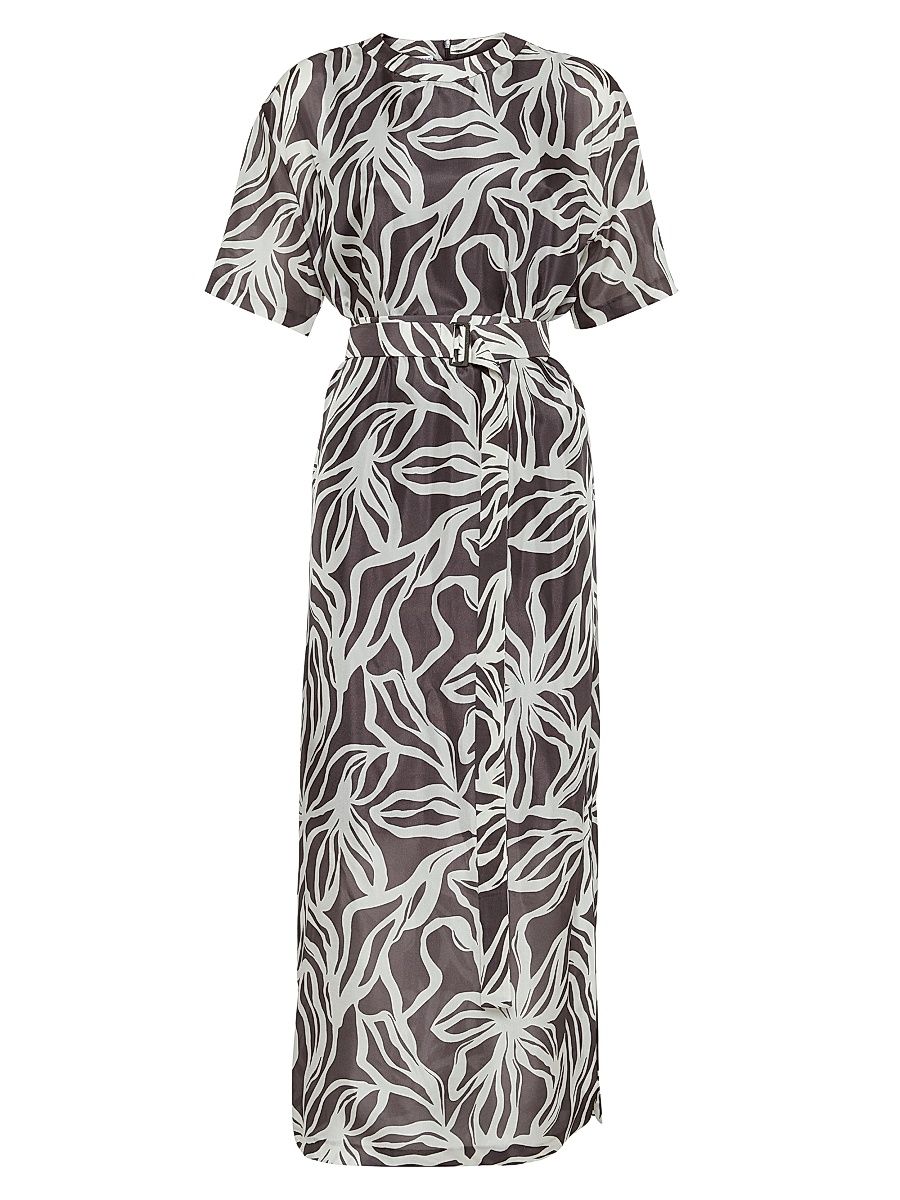 Women's Silk Floral Print Pongée Midi T-Shirt Dress - Brown - Size XXXL