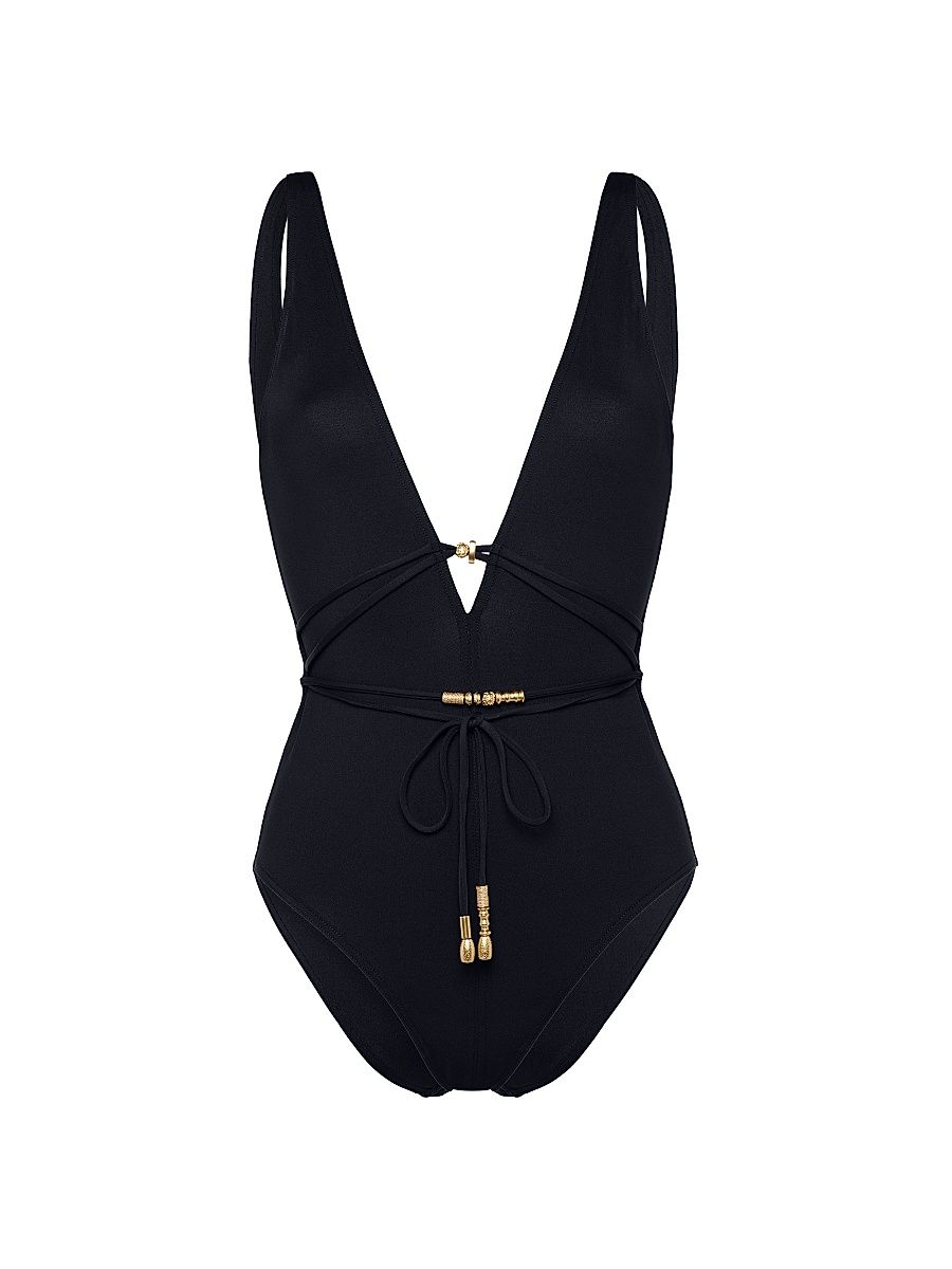 Women's Lagon Jewel Beaded Tank One-Piece Swimsuit - Black - Size 4