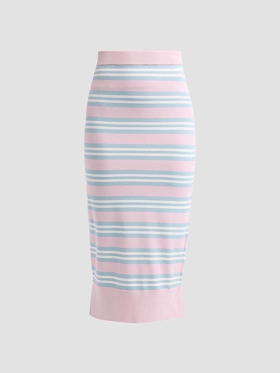Women's Rosalyn Striped Knit Midi Pencil Skirt - Blue Blush Stripe - Size Large