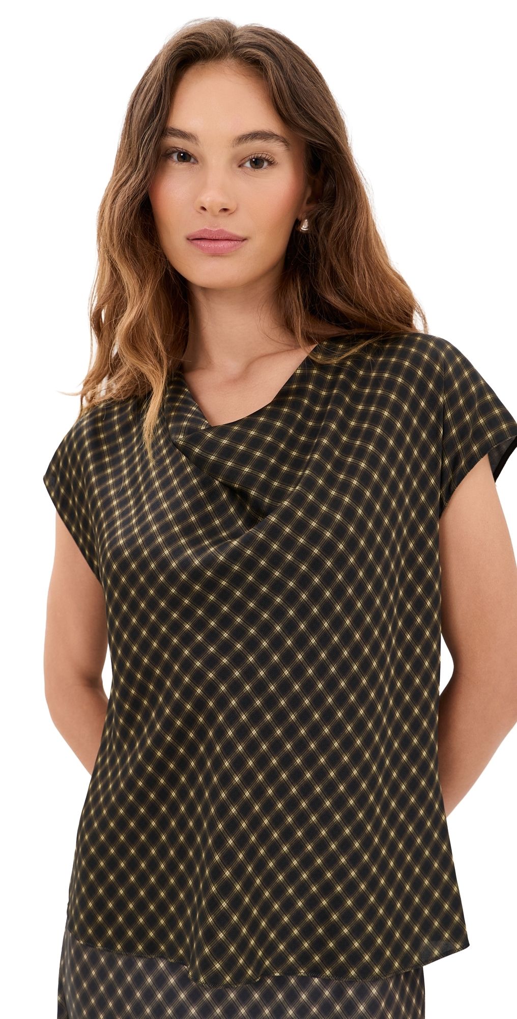 Vince Ombre Plaid Silk Blouse Black/Camel M