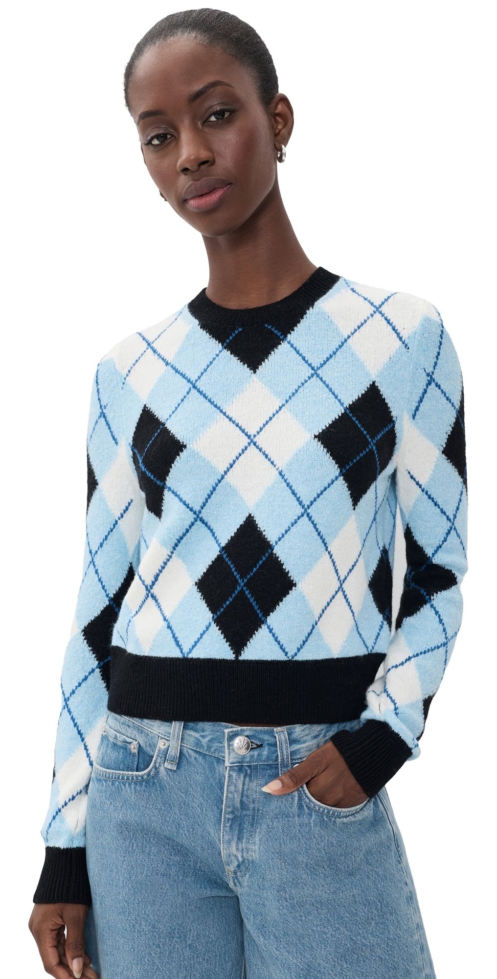 ALICE + OLIVIA Carolee Crewneck Argyle Sweater Mineral Blue Multi S