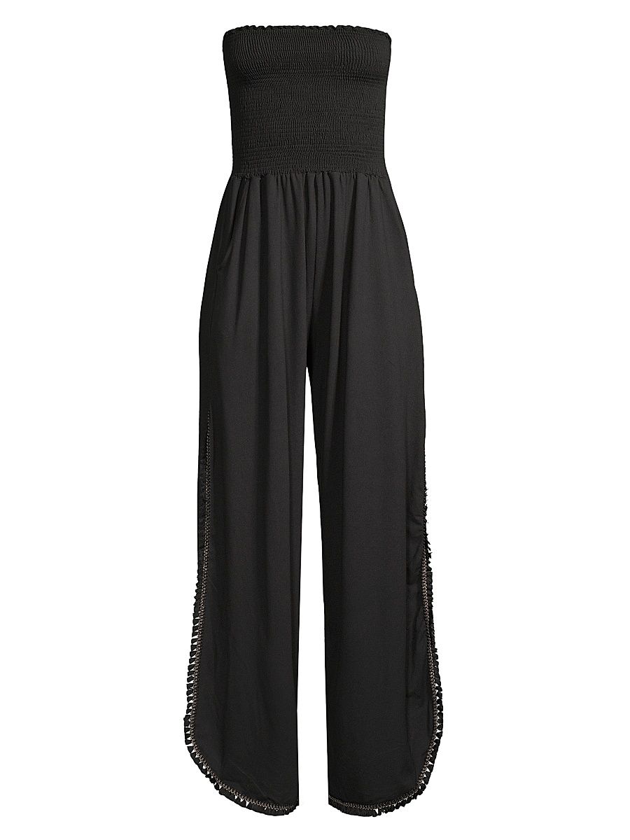Women's Harriet Tassel-Trimmed Smocked Jumpsuit - Black - Size Large