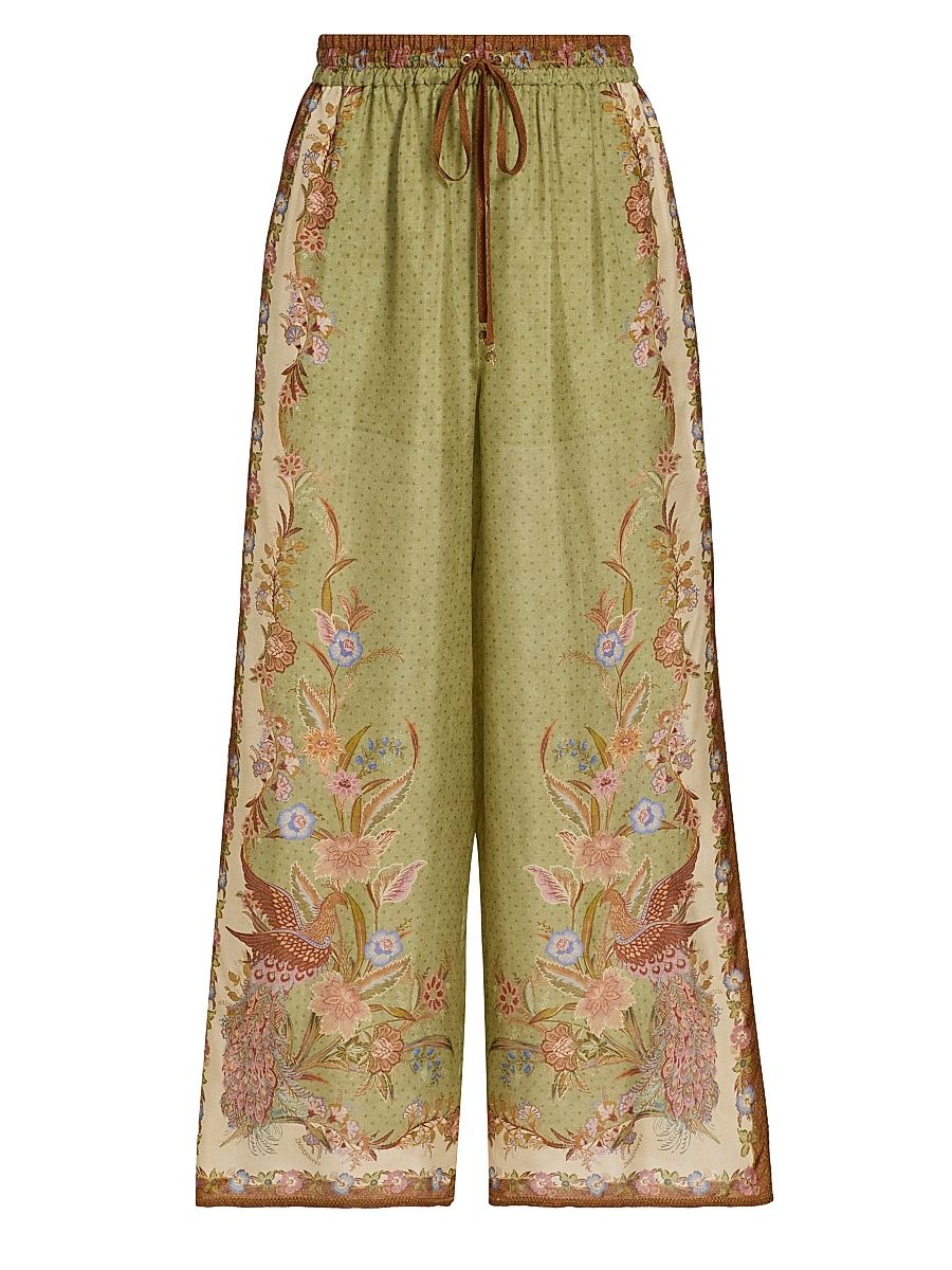Women's Indra Printed Silk Relaxed-Fit Drawstring Pants - Khaki Scarf Floral - Size 8