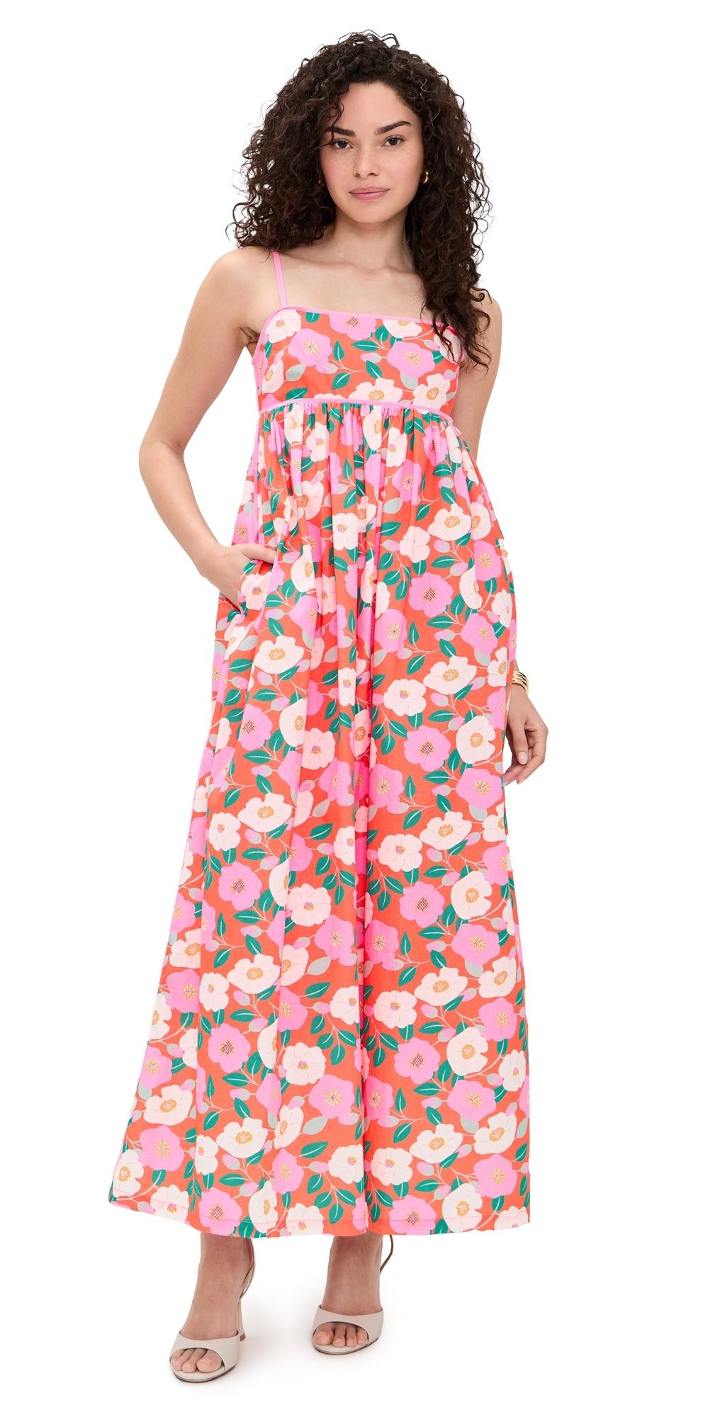 English Factory Print Empire Waist Maxi Dress Coral Orange Multi M