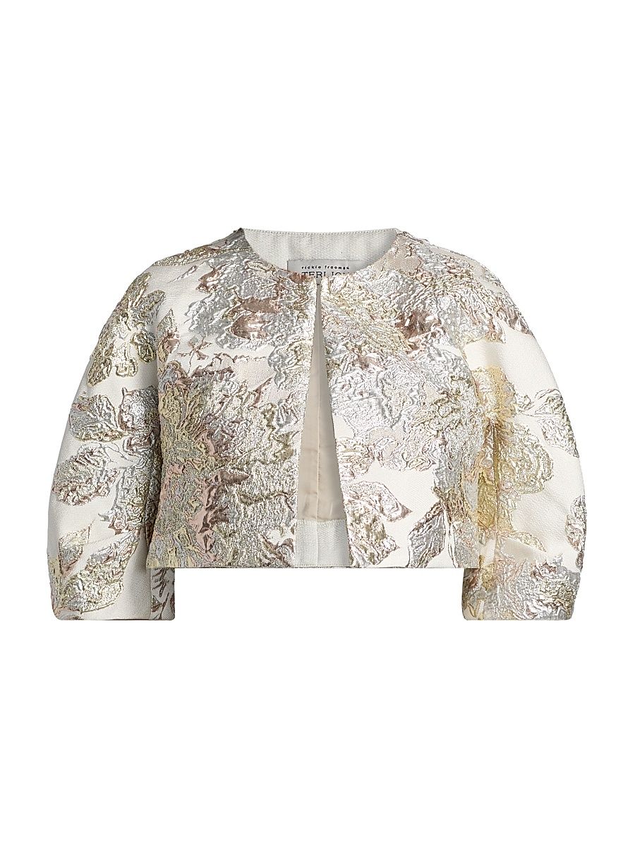 Women's Metallic Jacquard Crop Bolero - Beige Multi - Size 14