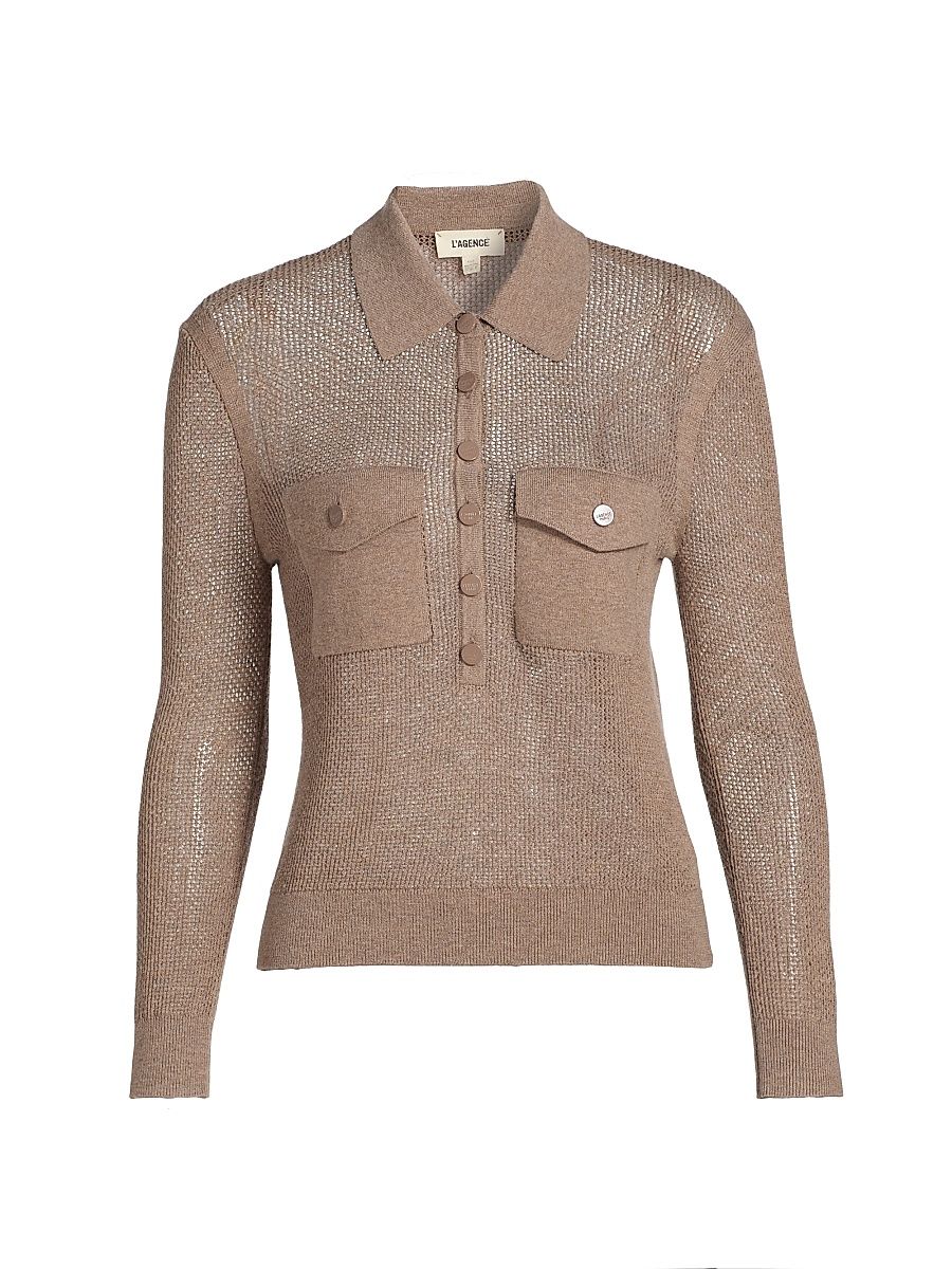 Women's Carine Pointelle-Knit Collared Sweater - Mushroom - Size XS