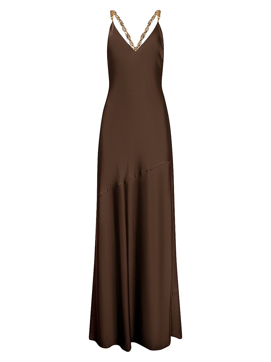 Women's Saint Satin Crystal-Strap Gown - Dark Brown - Size 16
