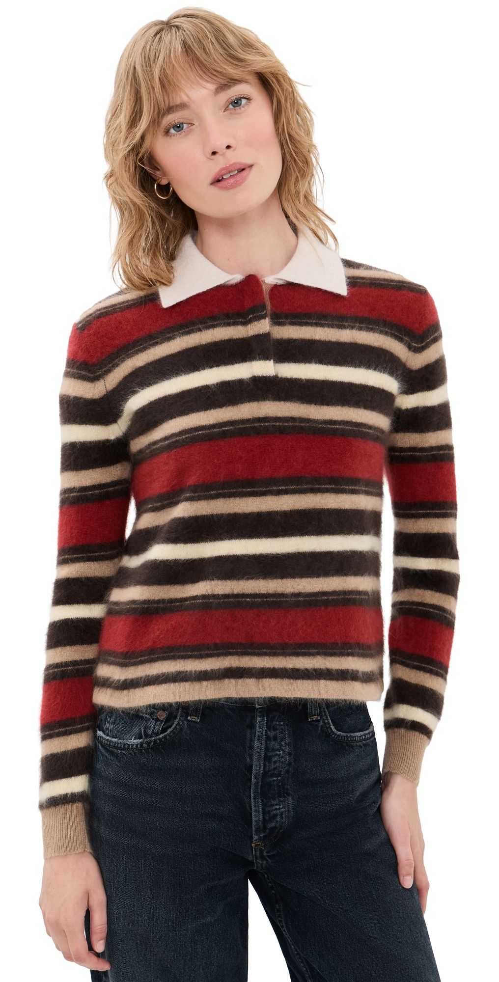 Guest in Residence Grizzly Cropped Cashmere Rugby Pullover Carmine Combo XS