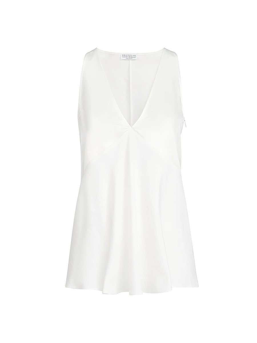 Women's Cotton and Silk Satin Top with Fluid Twill Panel - White - Size Large