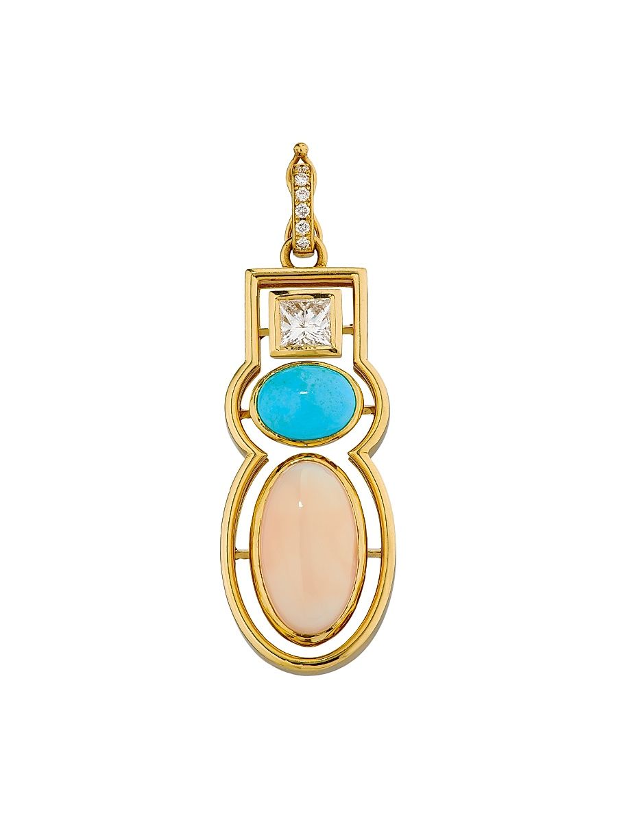 Women's Morse Code 18K Yellow Gold, Turquoise, Coral & TCW Diamond Charm - Gold