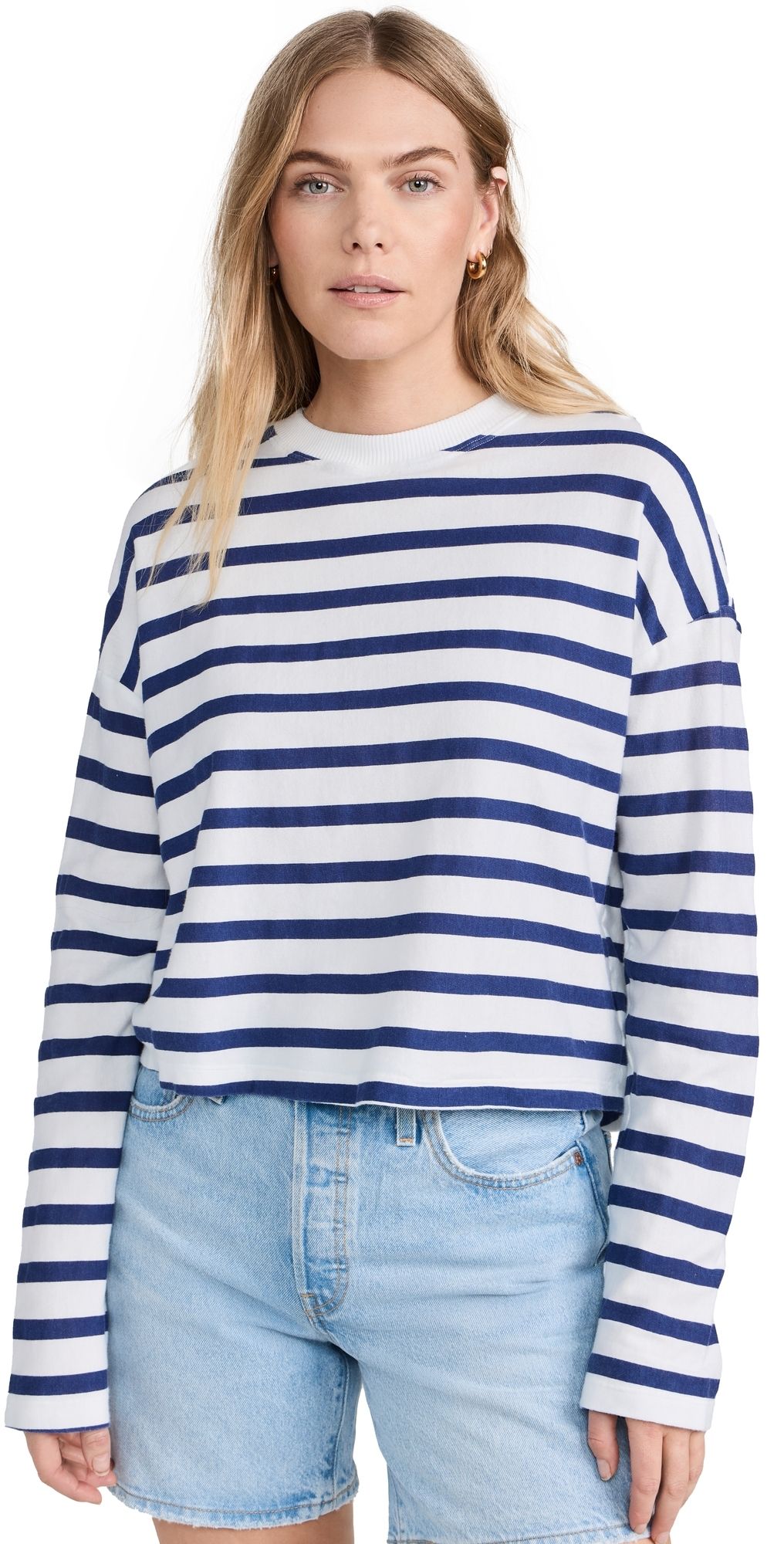 ASKK NY Printed Cropped Long Sleeve Top Thin Navy Stripe 0