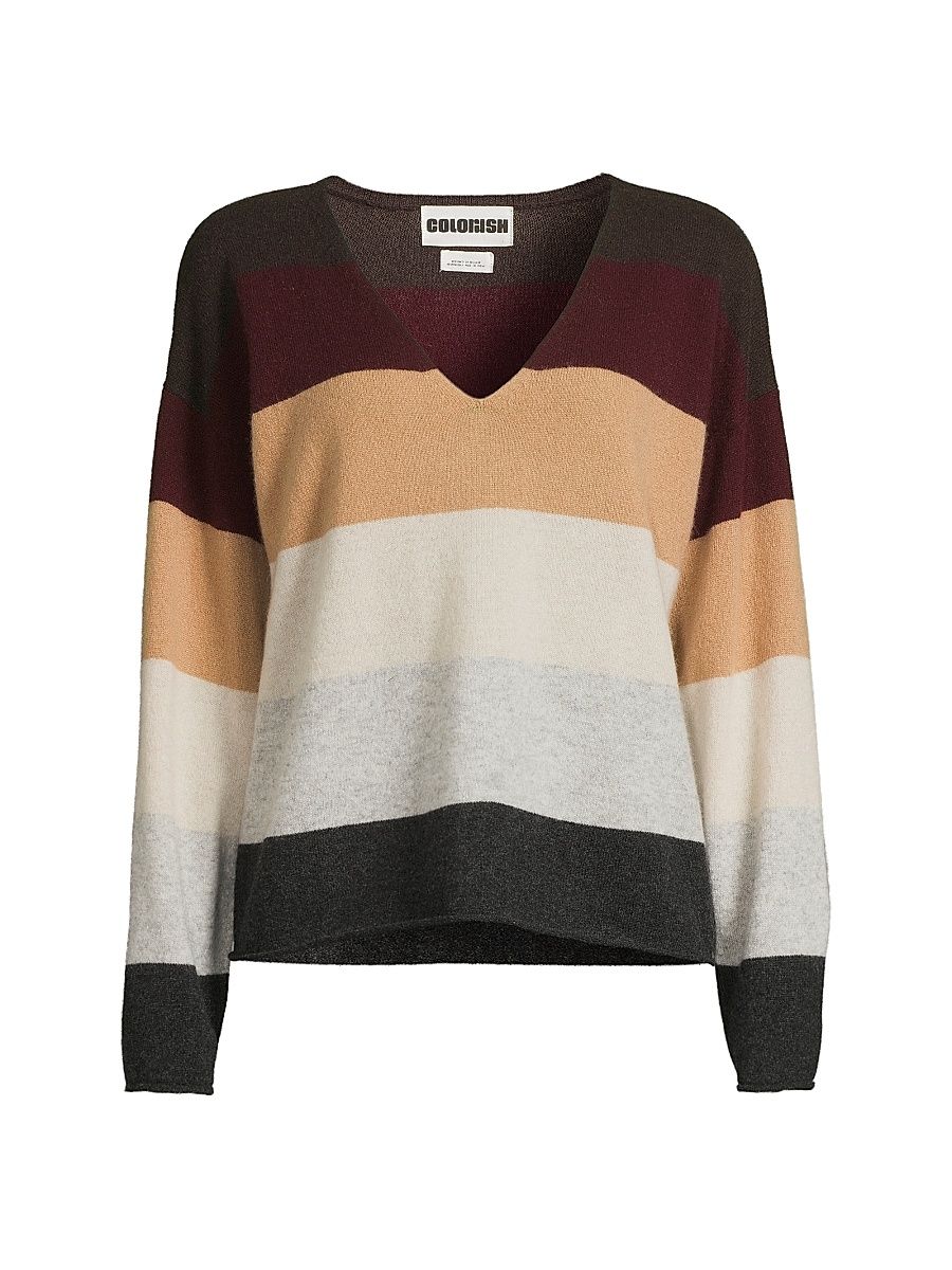 Women's Rainbow Penny V Striped Cashmere Sweater - Neutral Stripe - Size Large