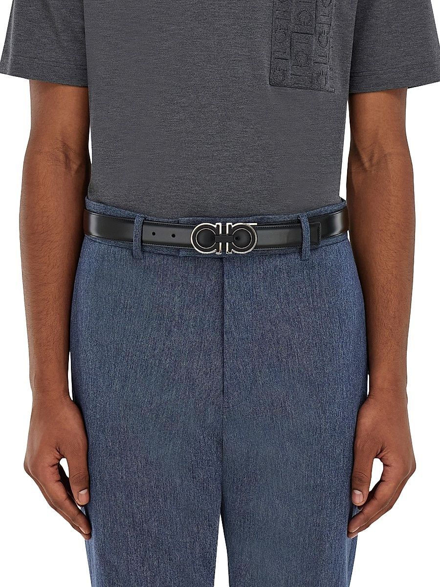 Men's Double Adjustable Leather Belt - Nero Dark Rain - Size 38