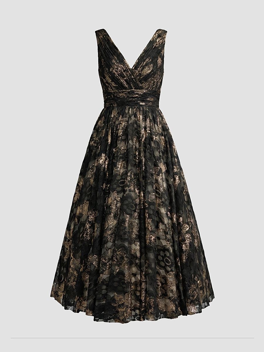 Women's Metallic Lace V-Neck A-Line Midi Dress - Black Gold - Size 16