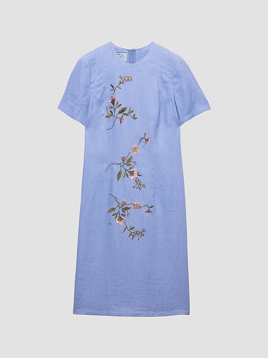 Women's Embroidered Linen Dress - Blue - Size 6