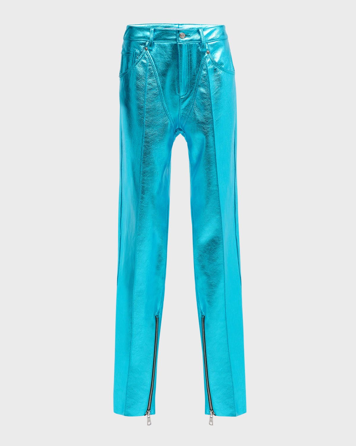 Metallic Leather Chap-Paneled Tapered-Leg Zip-Hem Pants