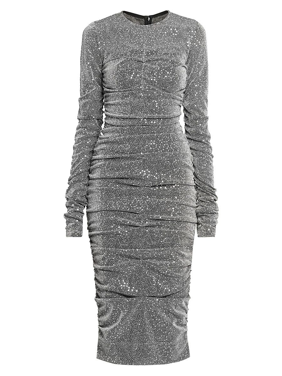 Women's Sequined Ruched Midi-Dress - Argento - Size 6