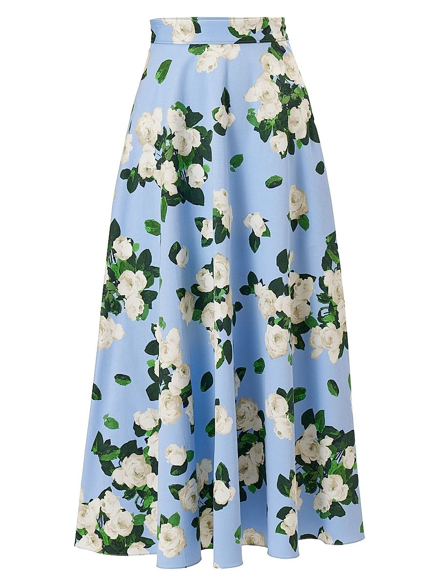 Women's Cabana Floral Half Circle Cotton-Blend Midi-Skirt - Cloudy Blue Multi - Size 14