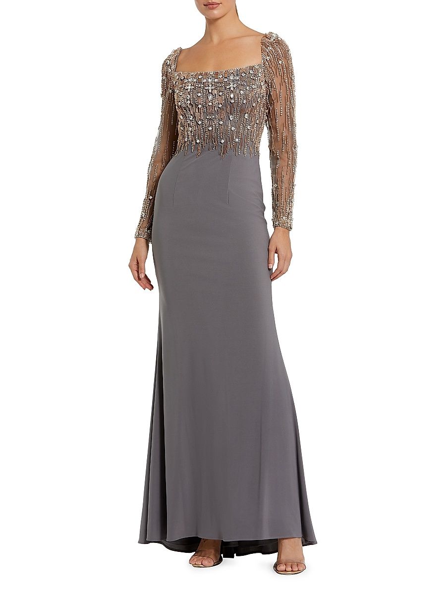 Women's Beaded Square Neck Column Gown - Platinum Gold - Size 16