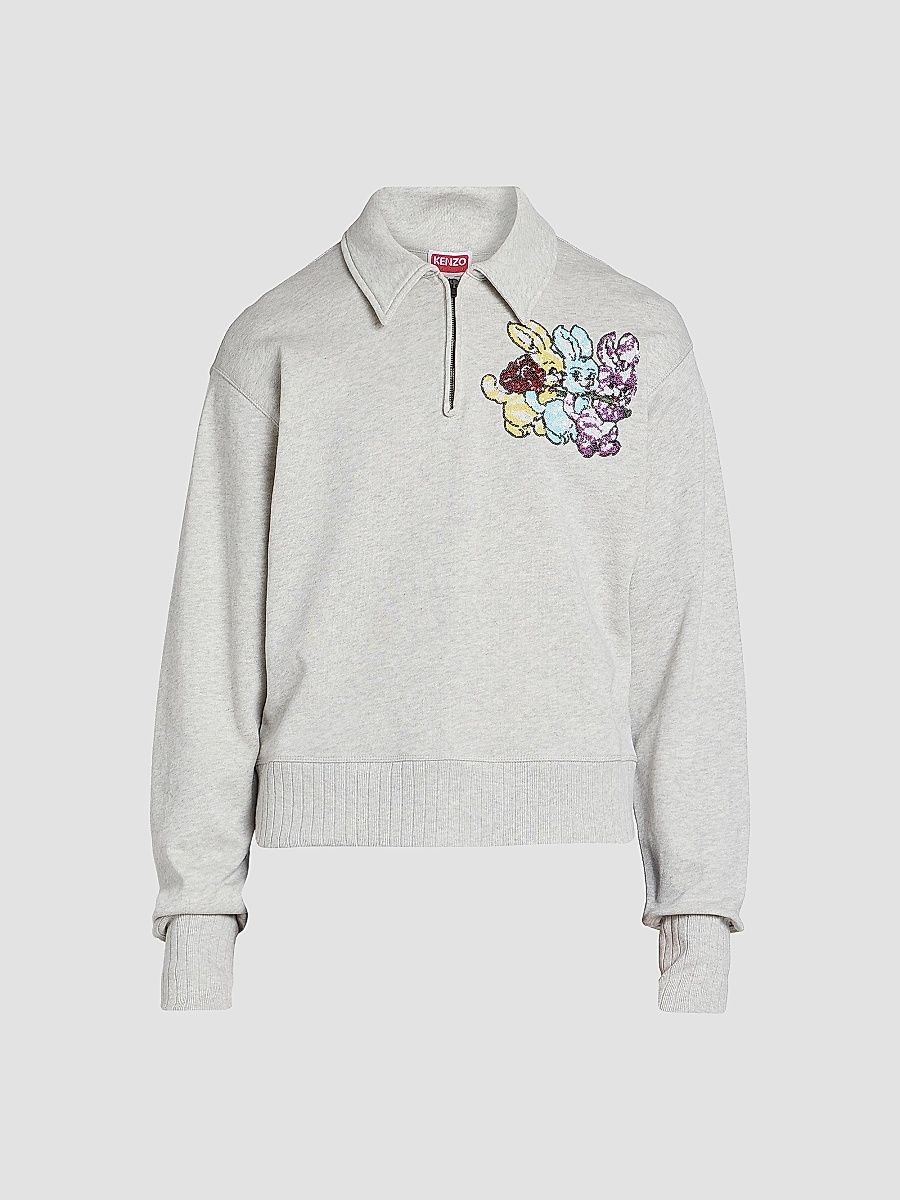 Kenzo Men's Chapman Cartoon-Embroidered Half-Zip Sweatshirt - Pale Grey - Size XL