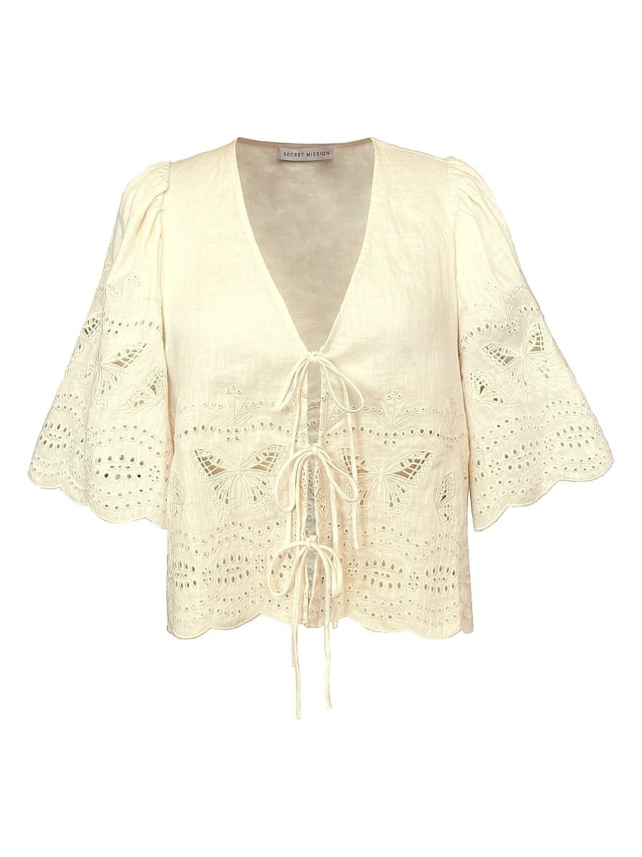 Women's Chelsea Floria Butterfly-Embroidered Linen Top - Antique Creme - Size Large