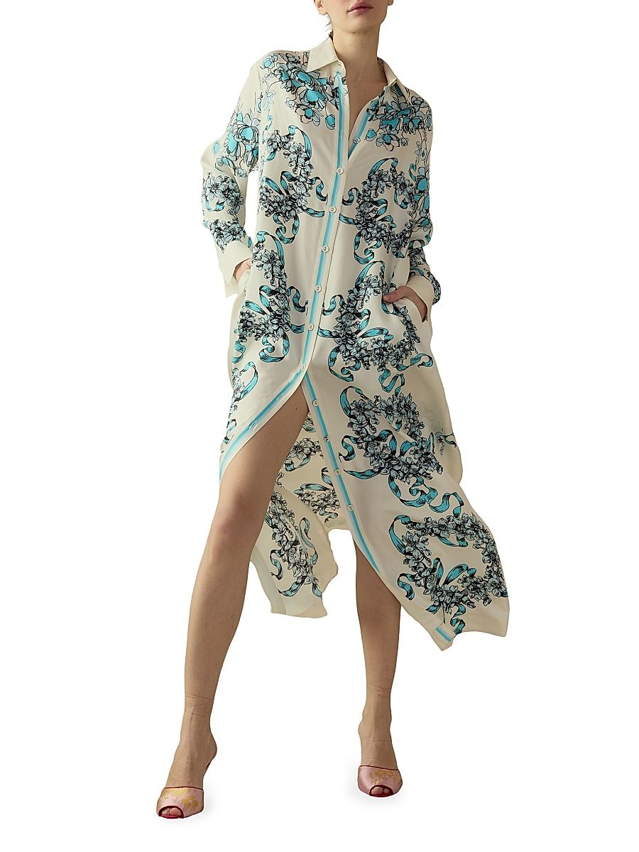 Women's Floral Silk Shirt Dress - White Blue - Size Medium
