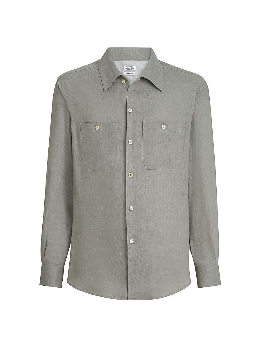 Men's Linen Easy Fit Shirt with Chest Pockets - Khaki - Size XXXL