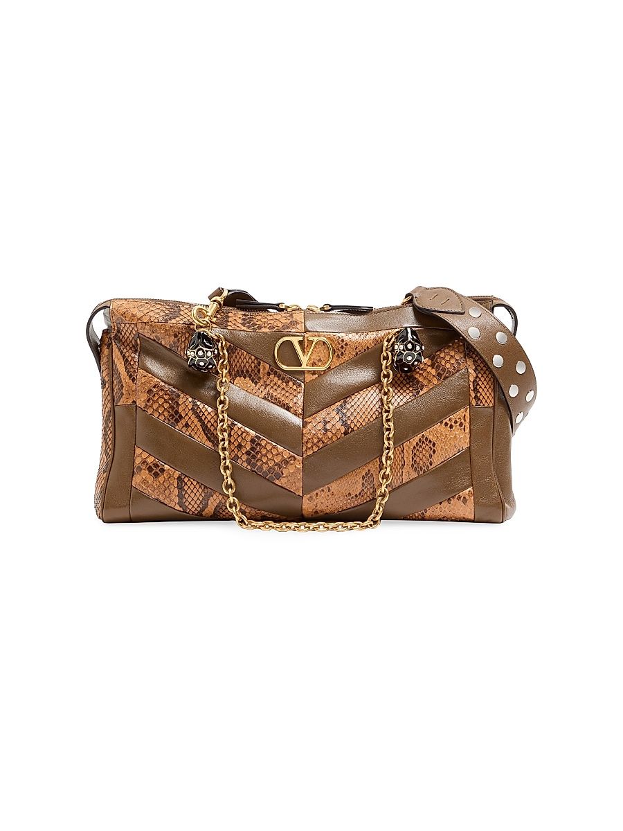 Women's Panthea Medium Shoulder Bag in Python and Nappa - Roasted Pecan