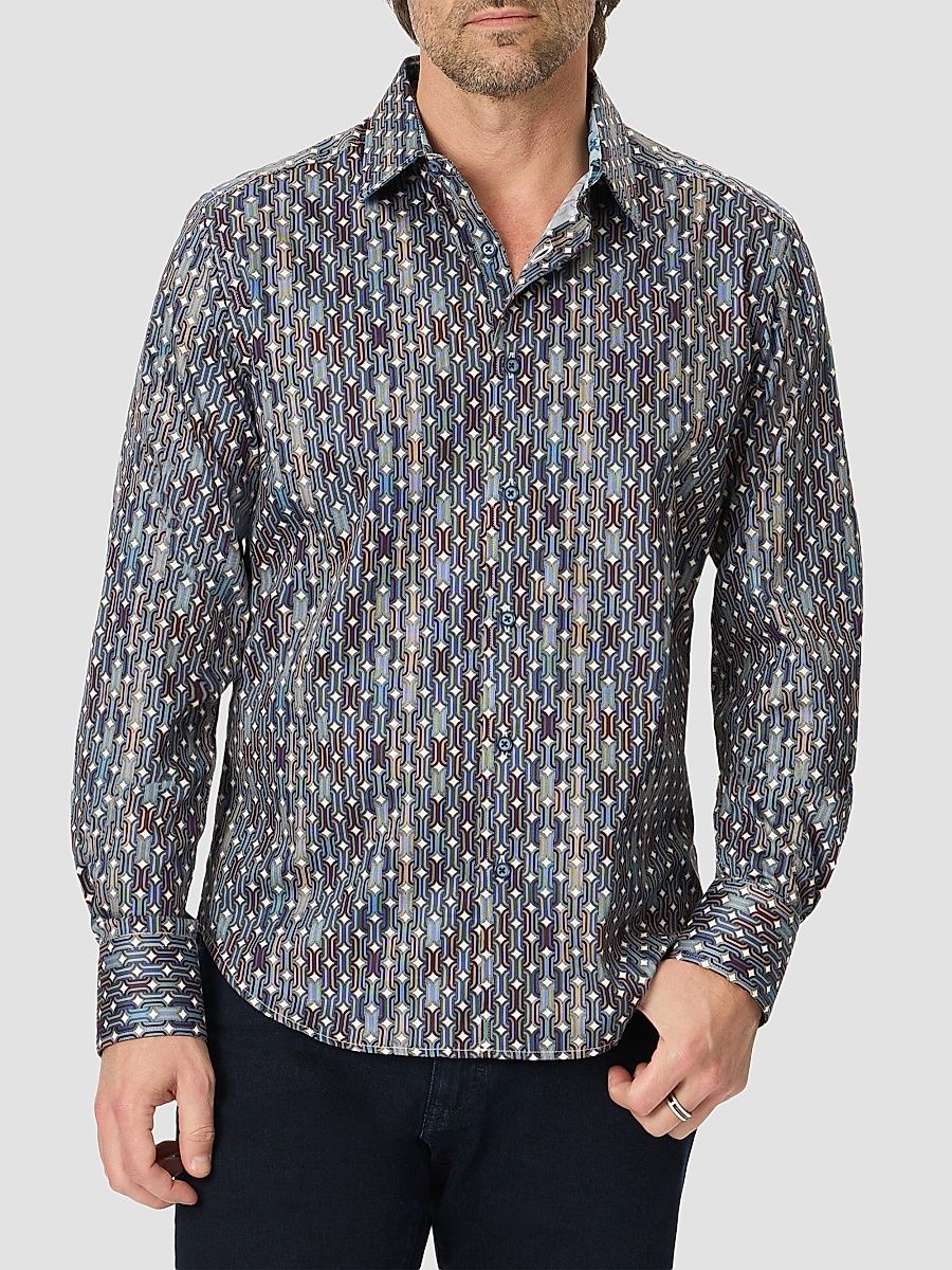 Men's Missing Links Printed Stretch-Cotton Shirt - Navy - Size Large