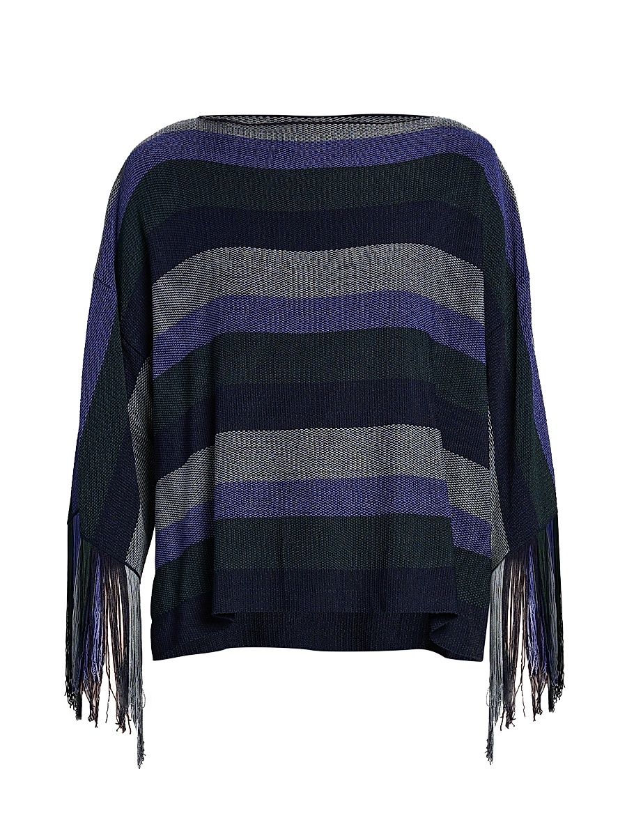 Women's Striped Fringe-Trimmed Sweater - Solid Blue Navy - Size 6