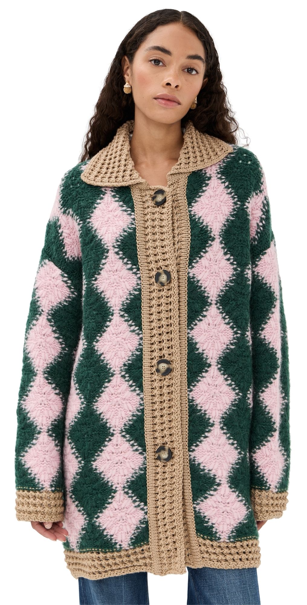 La DoubleJ Crochet Bowling Cardigan Multi Pink/Dark Green/Beige S