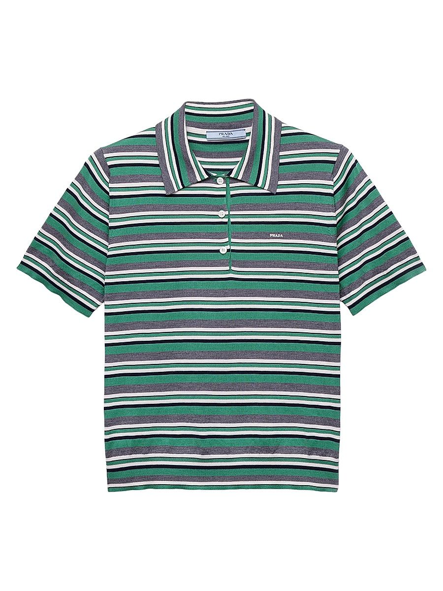 Women's Short-Sleeved Striped Cotton Polo Shirt - Green - Size 2