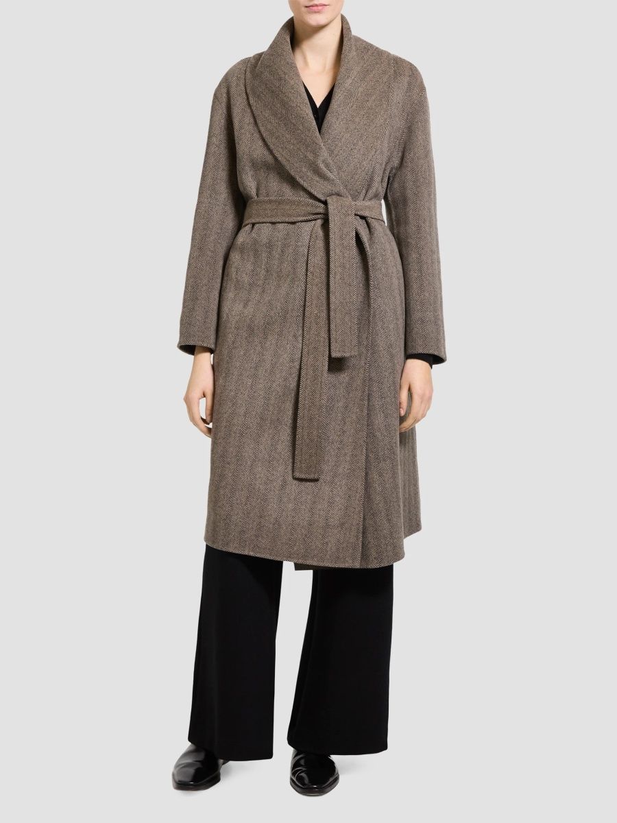 Theory Women's Herringbone Wool-Cashmere Shawl Coat - Mocha Multi - Size Large