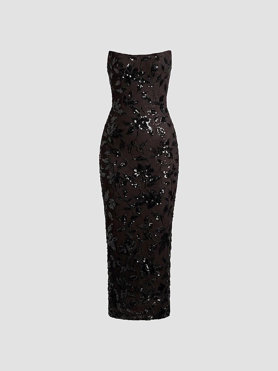 Women's Cosette Floral Sequin Strapless Midi Dress - Black Mocha - Size XXS