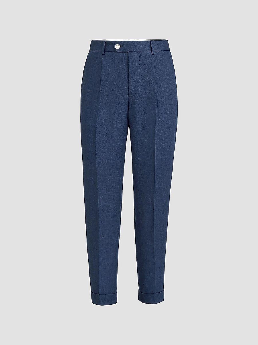 Brunello Cucinelli Men's Délavé Linen Trousers with Pleats - Navy Blue - Size 42
