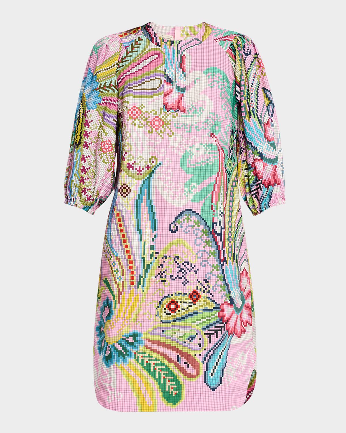 Digital-Print Puff-Sleeve Cotton Dress