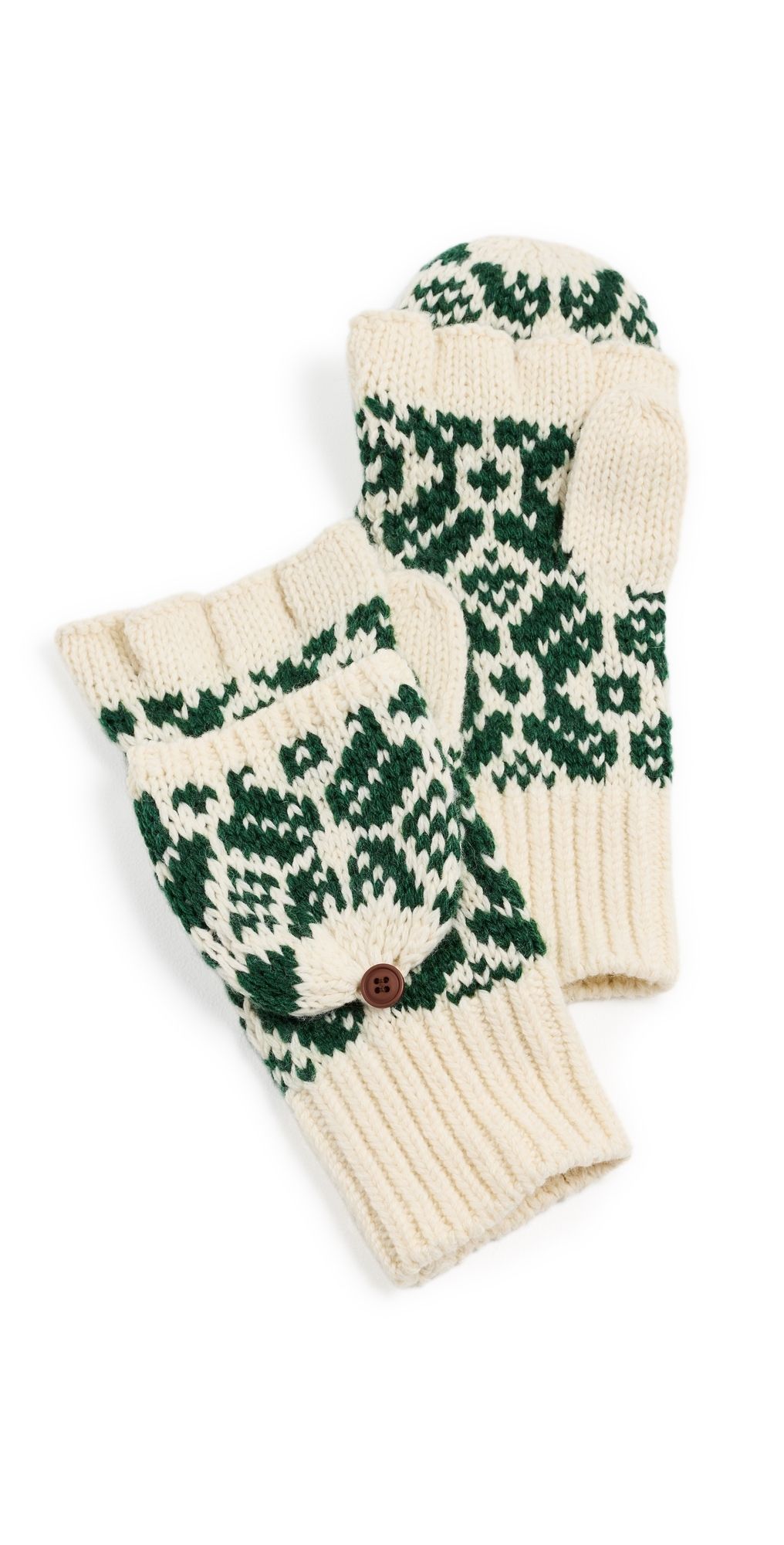 Faherty Diamond Fair Isle Pop Top Mittens Pine Green One Size
