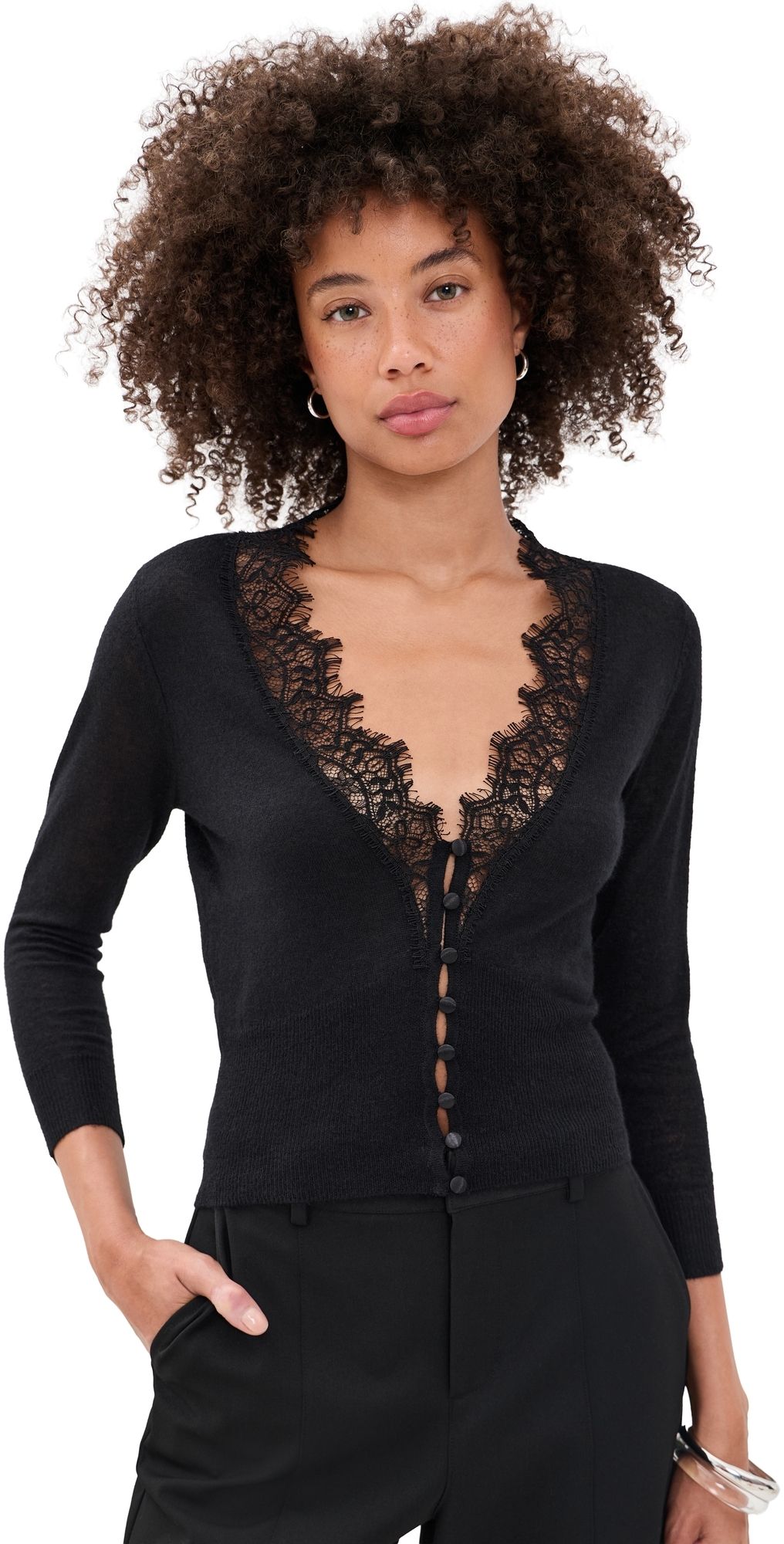 L'AGENCE Eluna Lace Detail Cardigan Black M