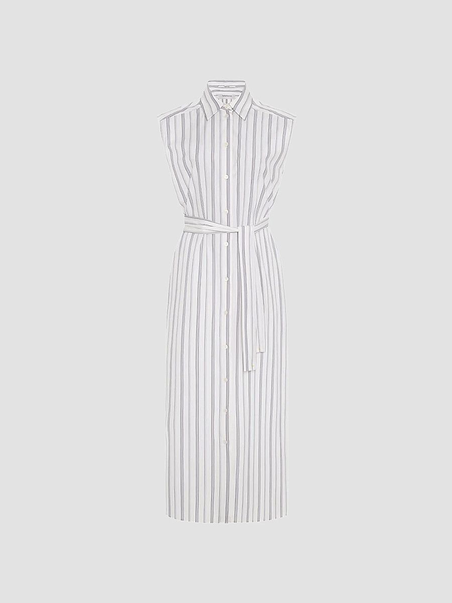 Women's Sleeveless Pleat Back Tie Dress - White Navy Stripe - Size Large