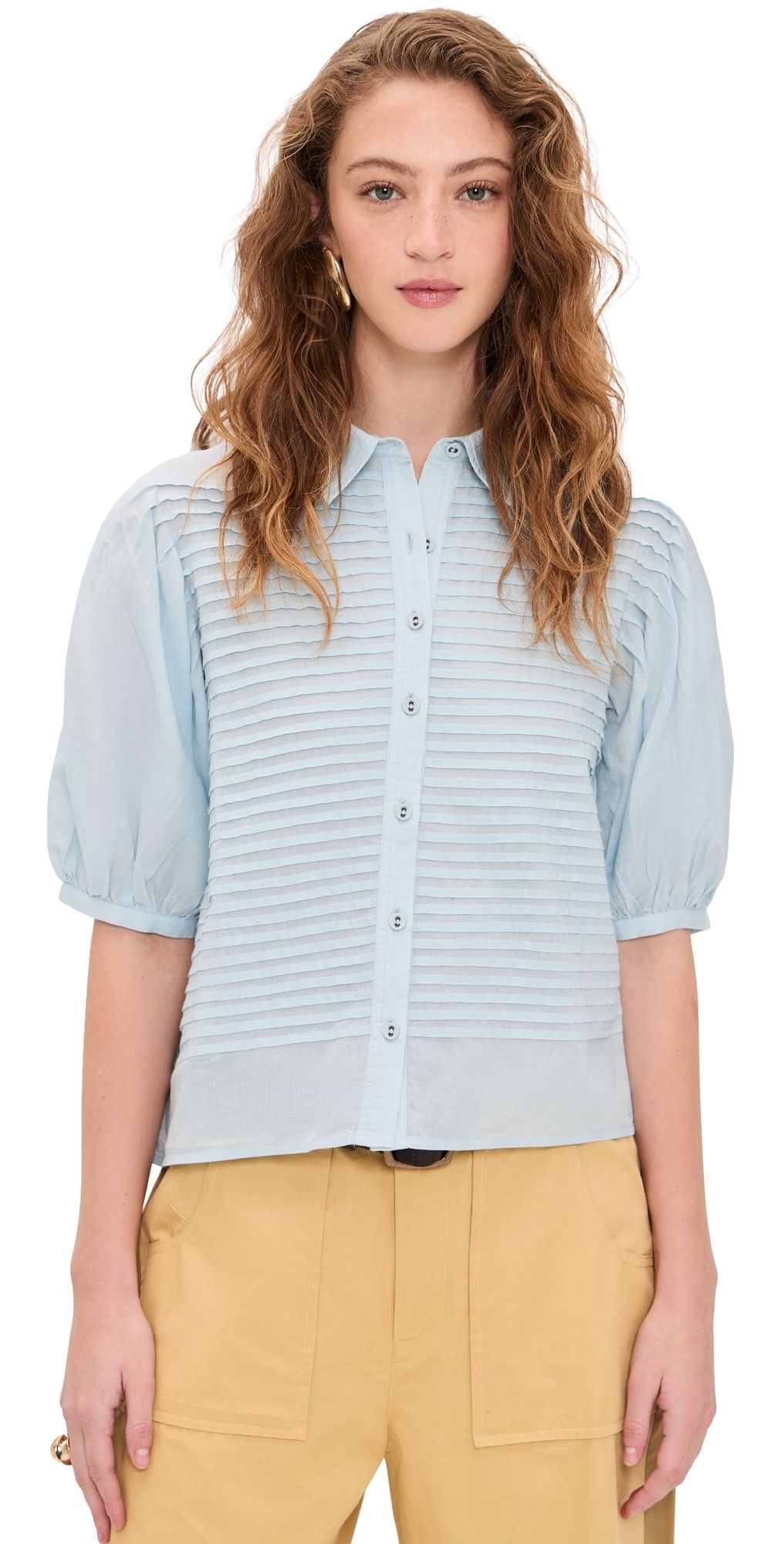 Ulla Johnson Cordelia Short Sleeve Button Up Top Adriatic 00