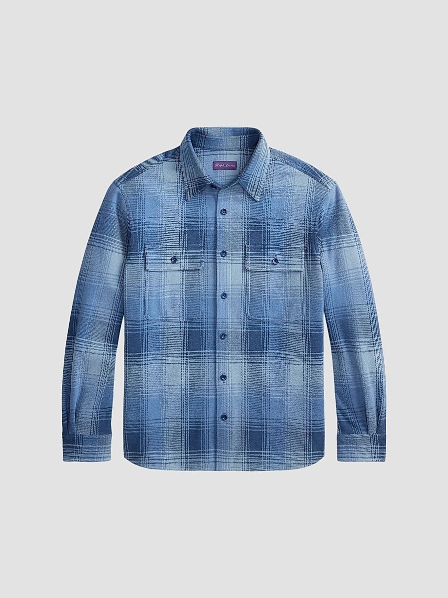 Men's Plaid Cotton-Cashmere Shirt Jacket - Winward Blue - Size XXL
