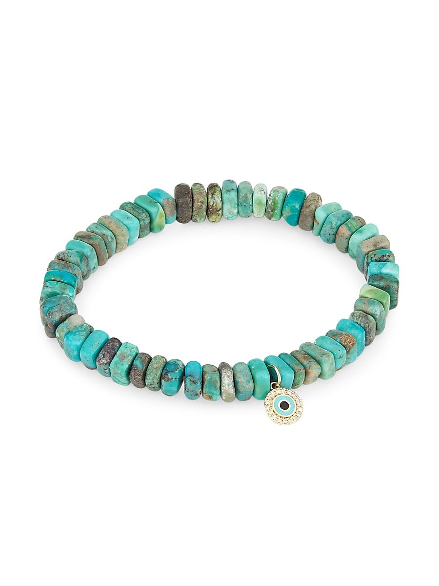 Women's 14K Yellow Gold, Turquoise, & Diamond Evil-Eye Charm Bracelet