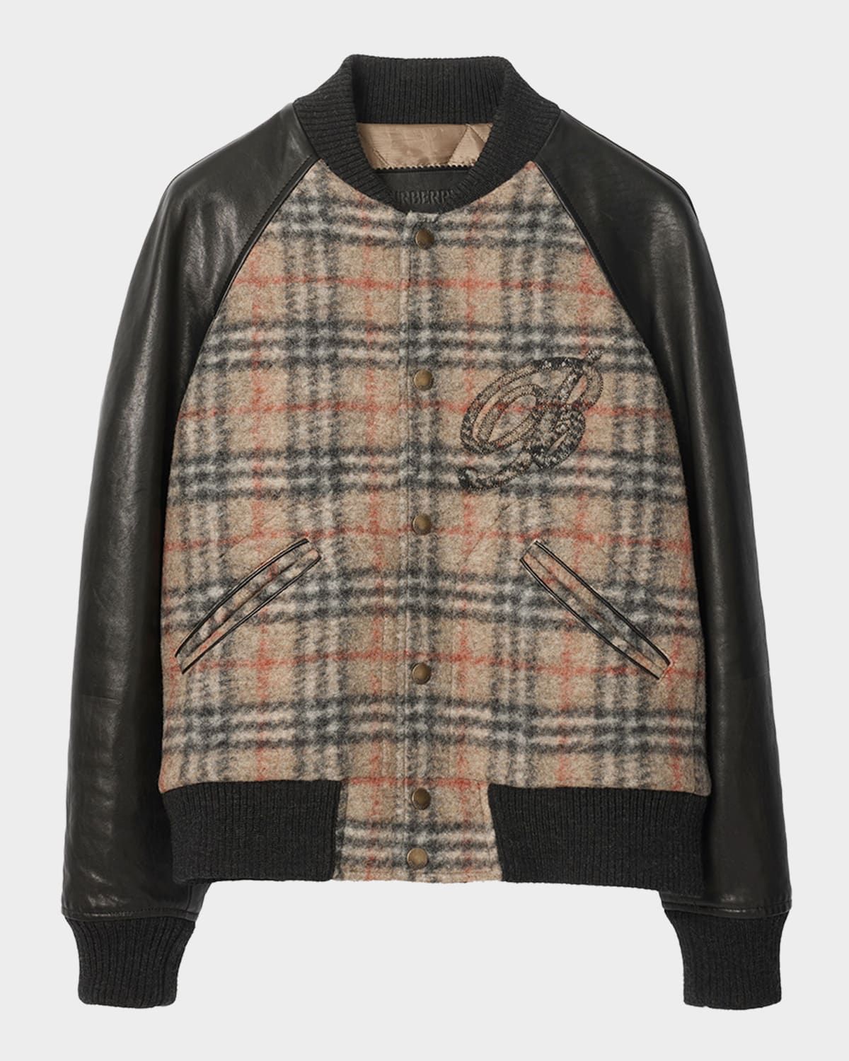 Men & apos;s Check Wool and Leather Bomber Jacket