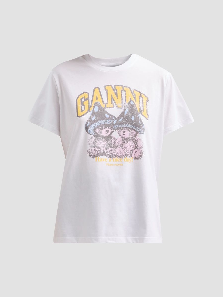 Ganni Women's Teddy Mushrooms Relaxed Crewneck T-Shirt - Bright White - Size XL